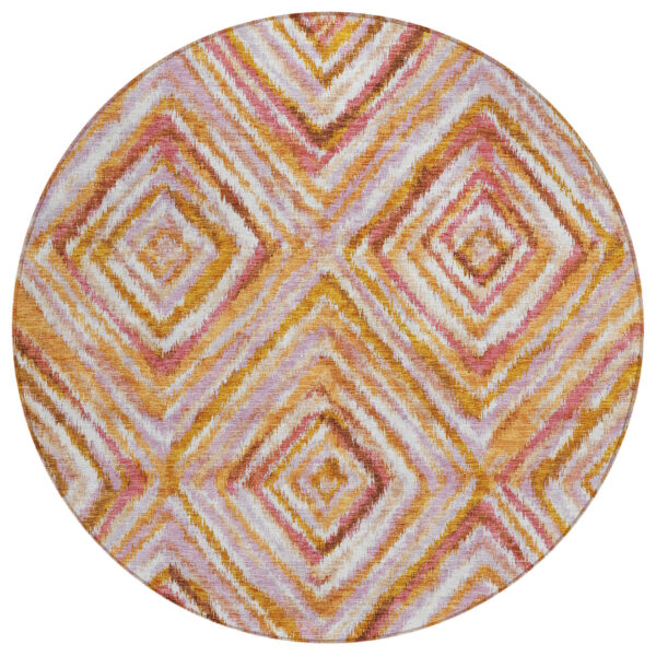 8' Orange Copper And Gold Round Geometric Washable Indoor Outdoor Area Rug