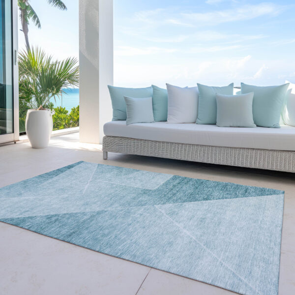 10' X 14' Teal Blue And Aqua Abstract Washable Indoor Outdoor Area Rug