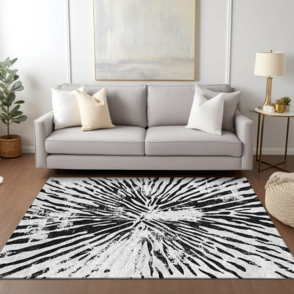 8' X 10' Ivory Black And Gray Abstract Washable Indoor Outdoor Area Rug
