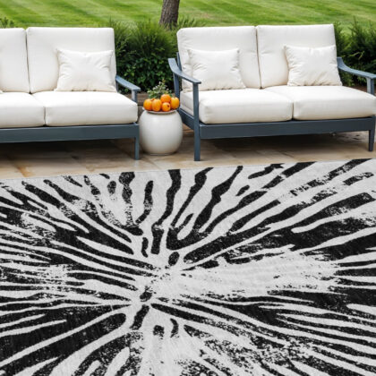 8' X 10' Ivory Black And Gray Abstract Washable Indoor Outdoor Area Rug