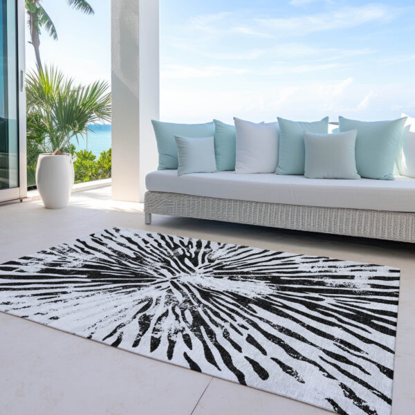 8' X 10' Ivory Black And Gray Abstract Washable Indoor Outdoor Area Rug