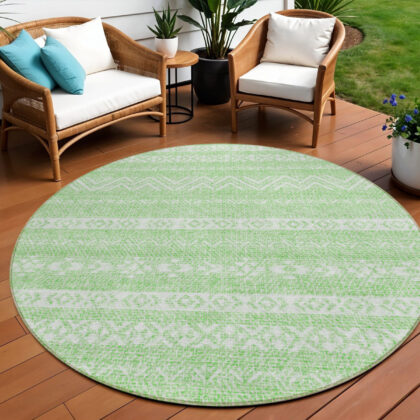 8' Lime Green And Green Round Southwestern Washable Indoor Outdoor Area Rug