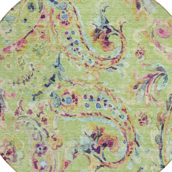 8' Artichoke Green Green And Pink Round Paisley Washable Indoor Outdoor Area Rug