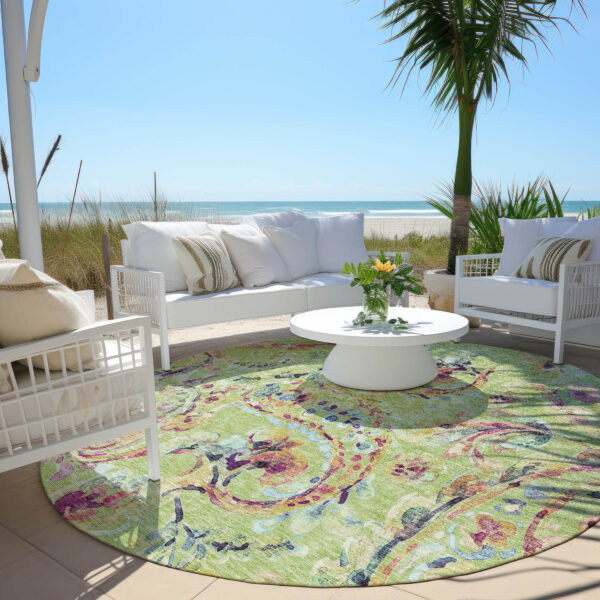 8' Artichoke Green Green And Pink Round Paisley Washable Indoor Outdoor Area Rug