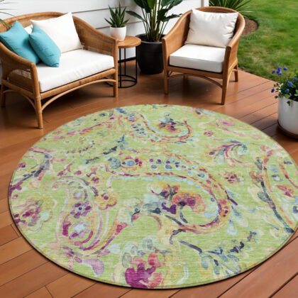 8' Artichoke Green Green And Pink Round Paisley Washable Indoor Outdoor Area Rug