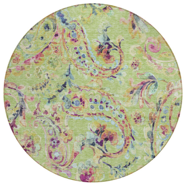 8' Artichoke Green Green And Pink Round Paisley Washable Indoor Outdoor Area Rug