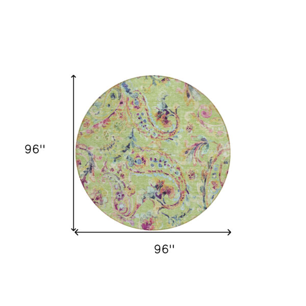 8' Artichoke Green Green And Pink Round Paisley Washable Indoor Outdoor Area Rug