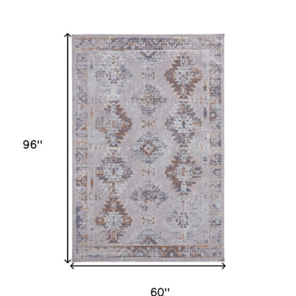 5' X 8' Gray Orange And Blue Geometric Power Loom Distressed Stain Resistant Area Rug