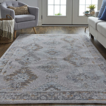 5' X 8' Gray Orange And Blue Geometric Power Loom Distressed Stain Resistant Area Rug