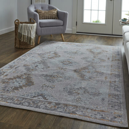 5' X 8' Gray Orange And Blue Geometric Power Loom Distressed Stain Resistant Area Rug