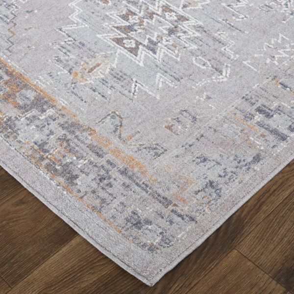 5' X 8' Gray Orange And Blue Geometric Power Loom Distressed Stain Resistant Area Rug