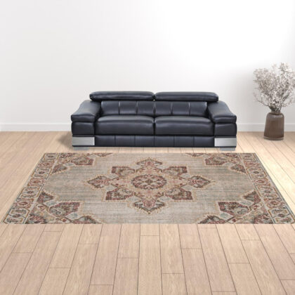 10' x 14' Beige Medallion Power Loom Area Rug With Fringe
