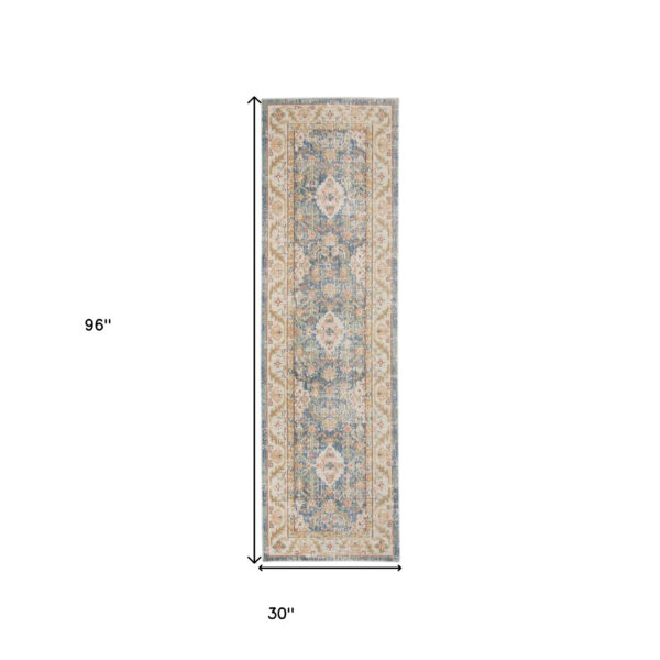 8' Blue Floral Power Loom Runner Rug