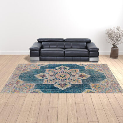 10' x 14' Teal Blue Medallion Power Loom Area Rug With Fringe