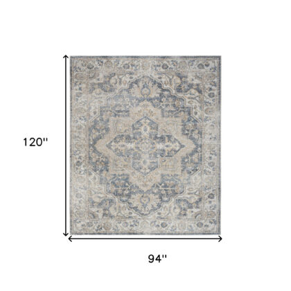 8' x 10' Gray and Blue Oriental Power Loom Washable Area Rug