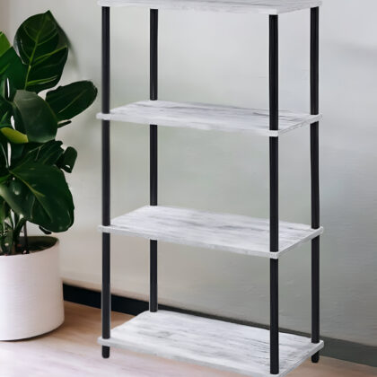 Antiqued White Metal Four Tier Etagere Bookcase