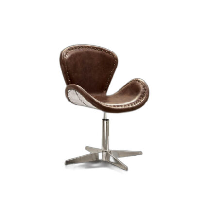 25" Brown And Silver Faux Leather Distressed Swivel Side Chair