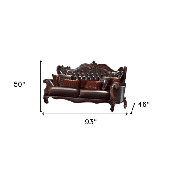 93" Brown Faux Leather And Cherry Blossom Pink Sofa With Seven Toss Pillows