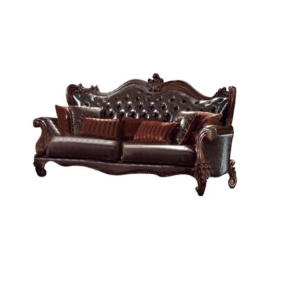93" Brown Faux Leather And Cherry Blossom Pink Sofa With Seven Toss Pillows