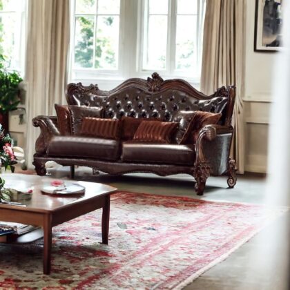 93" Brown Faux Leather And Cherry Blossom Pink Sofa With Seven Toss Pillows