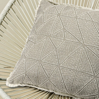 20" X 20" Beige and Ivory Geometric Linen Zippered Pillow With Embroidery, Fringe