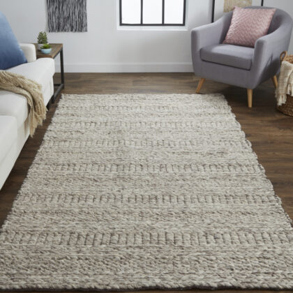 8' X 11' Ivory Gray And Tan Wool Hand Woven Stain Resistant Area Rug