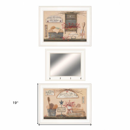 Set Of Three Wash Room White Frame Bathroom Wall Art with Hooks
