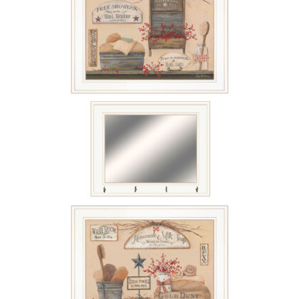 Set Of Three Wash Room White Frame Bathroom Wall Art with Hooks