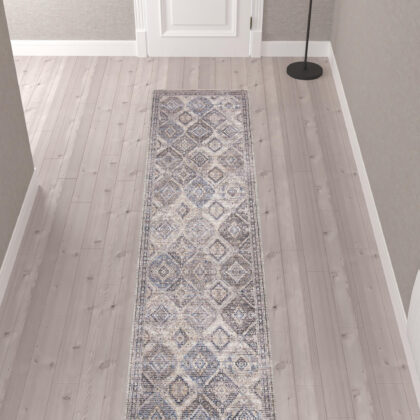 10' Ivory and Tan Floral Power Loom Distressed Washable Runner Rug