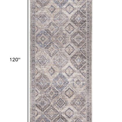 10' Ivory and Tan Floral Power Loom Distressed Washable Runner Rug