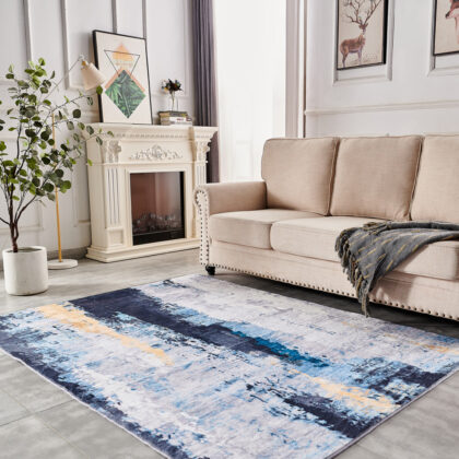 3' X 5' Blue and Yellow Abstract Printed Washable Non Skid Area Rug
