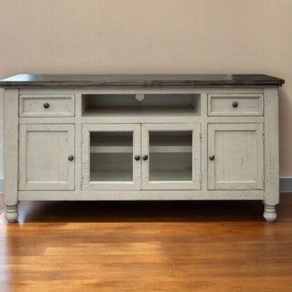 70" Ivory Solid Wood Enclosed Storage Distressed TV Stand
