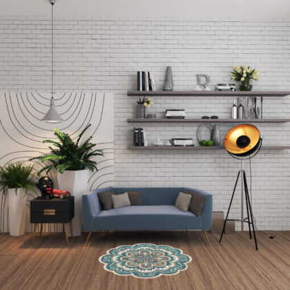 4' Blue Round Wool Floral Hand Tufted Area Rug