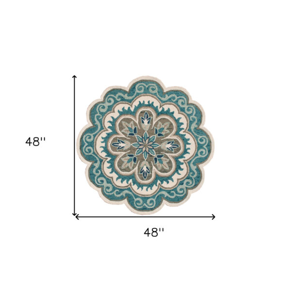 4' Blue Round Wool Floral Hand Tufted Area Rug