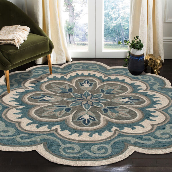 4' Blue Round Wool Floral Hand Tufted Area Rug