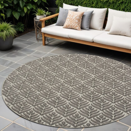 8' Charcoal Round Floral Indoor Outdoor Area Rug