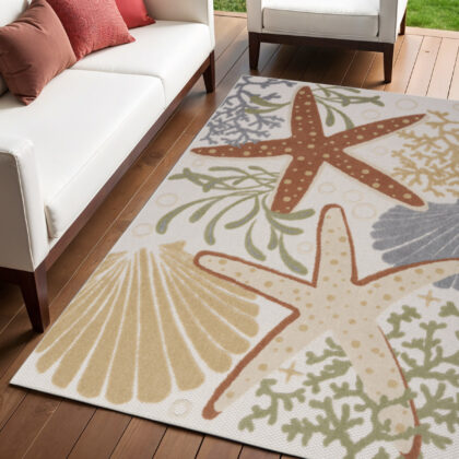 4' X 6' Ivory Orange and Blue Indoor Outdoor Area Rug