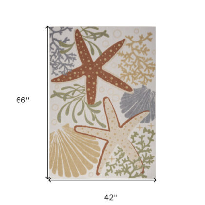 4' X 6' Ivory Orange and Blue Indoor Outdoor Area Rug