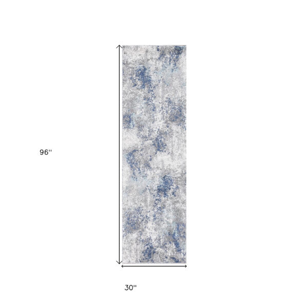 8' Gray and Blue Abstract Power Loom Runner Rug