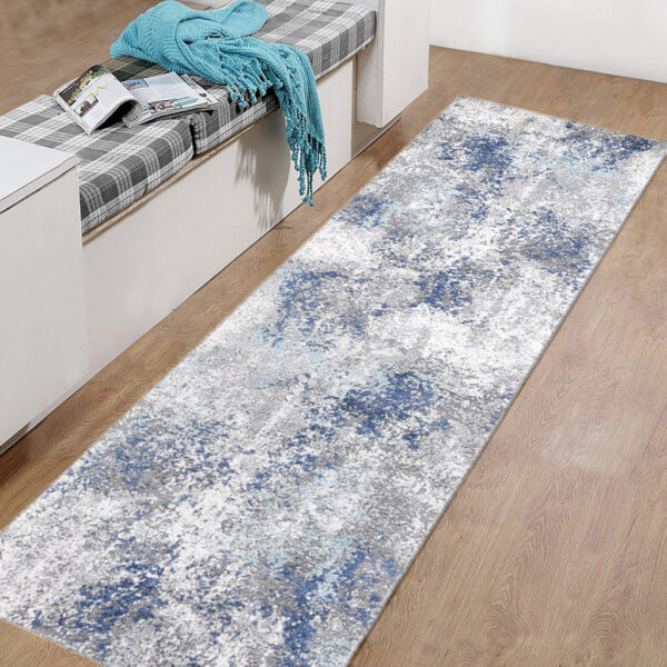 8' Gray and Blue Abstract Power Loom Runner Rug