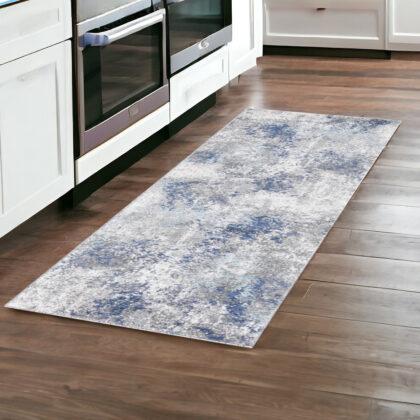 8' Gray and Blue Abstract Power Loom Runner Rug