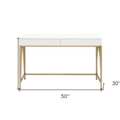 50" White and Gold Writing Desk With Two Drawers