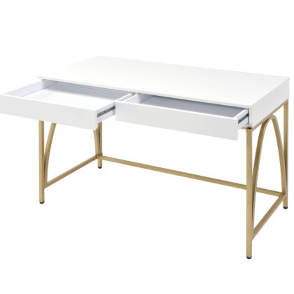 50" White and Gold Writing Desk With Two Drawers