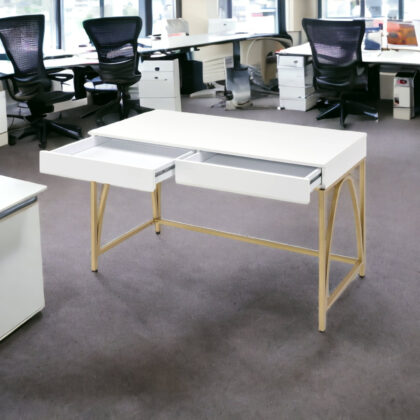 50" White and Gold Writing Desk With Two Drawers