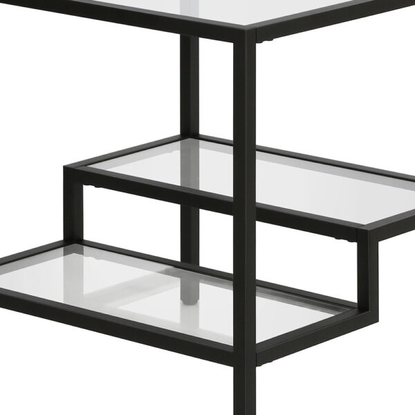 22" Black And Clear Glass And Steel Square End Table With Two Shelves