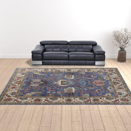 12' X 15' Blue And Red Wool Floral Hand Knotted Stain Resistant Area Rug