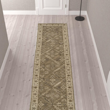10' Green Brown And Taupe Wool Paisley Tufted Handmade Stain Resistant Runner Rug