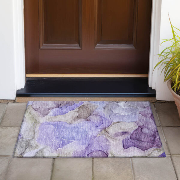 2' X 3' Gray and Purple Abstract Washable Non Skid Indoor Outdoor Area Rug