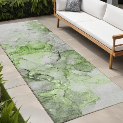 8' Runner Green Abstract Washable Non Skid Indoor Outdoor Runner Rug