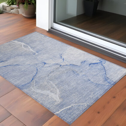 3' X 5' Blue Abstract Washable Non Skid Indoor Outdoor Area Rug
